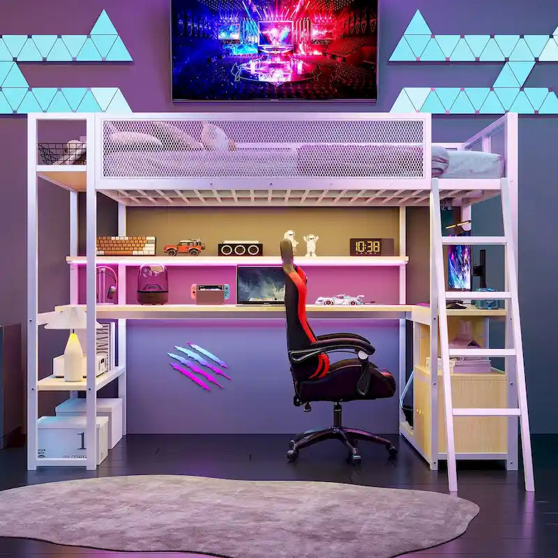 Lit mezzanine double en métal avec poste de travail intégré, LED et rangements multiples