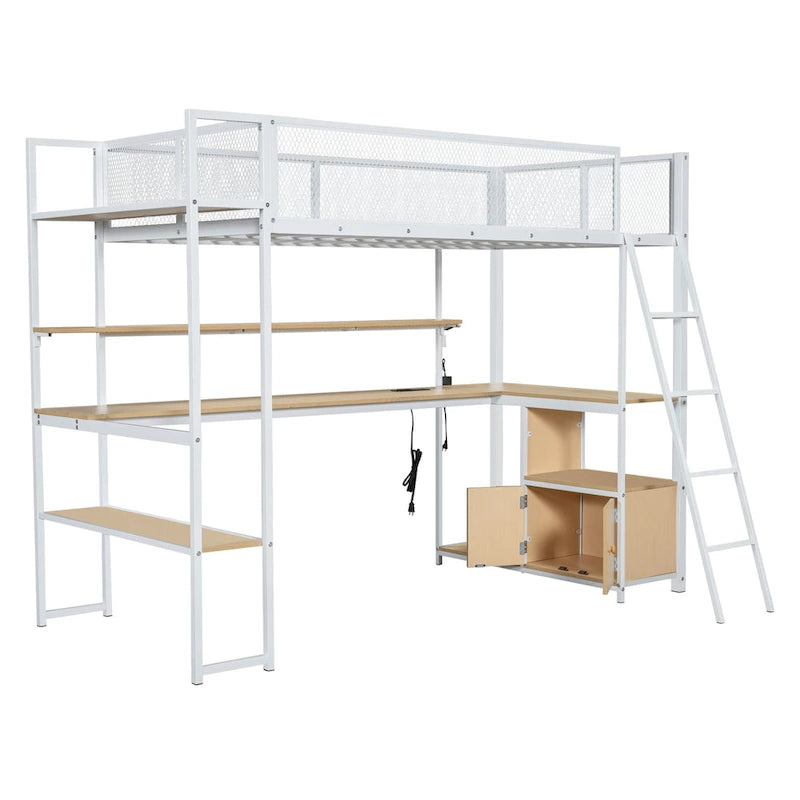 Lit mezzanine double en métal avec poste de travail intégré, LED et rangements multiples
