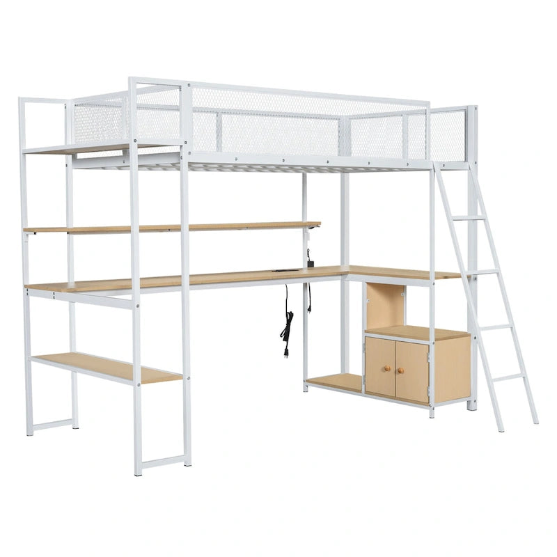 Lit mezzanine double en métal avec poste de travail intégré, LED et rangements multiples
