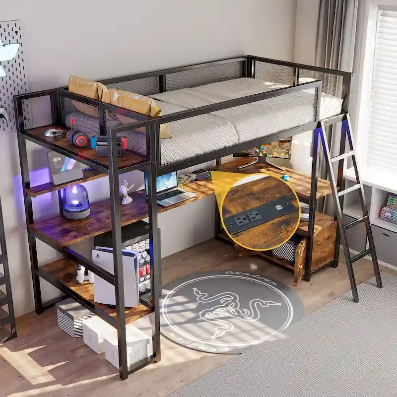 Lit mezzanine double en métal avec poste de travail intégré, LED et rangements multiples