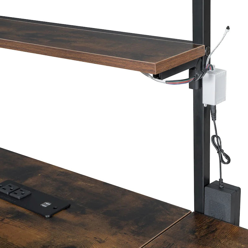 Lit mezzanine double en métal avec poste de travail intégré, LED et rangements multiples