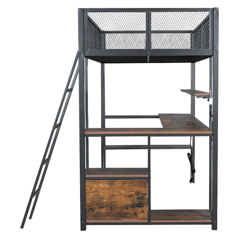 Lit mezzanine double en métal avec poste de travail intégré, LED et rangements multiples