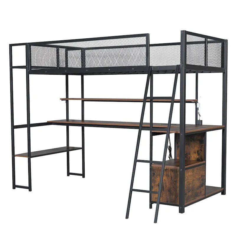 Lit mezzanine double en métal avec poste de travail intégré, LED et rangements multiples