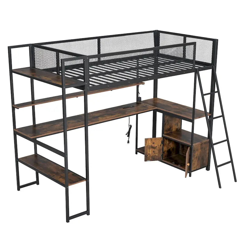 Lit mezzanine double en métal avec poste de travail intégré, LED et rangements multiples