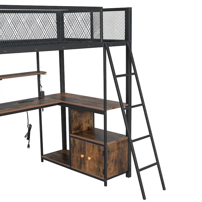 Lit mezzanine double en métal avec poste de travail intégré, LED et rangements multiples