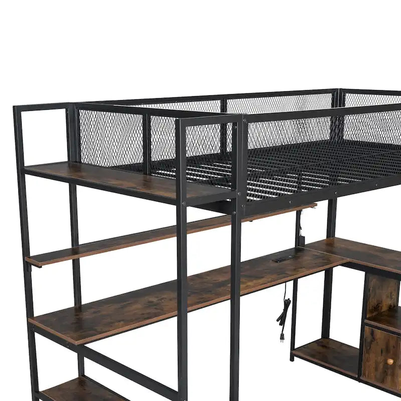 Lit mezzanine double en métal avec poste de travail intégré, LED et rangements multiples