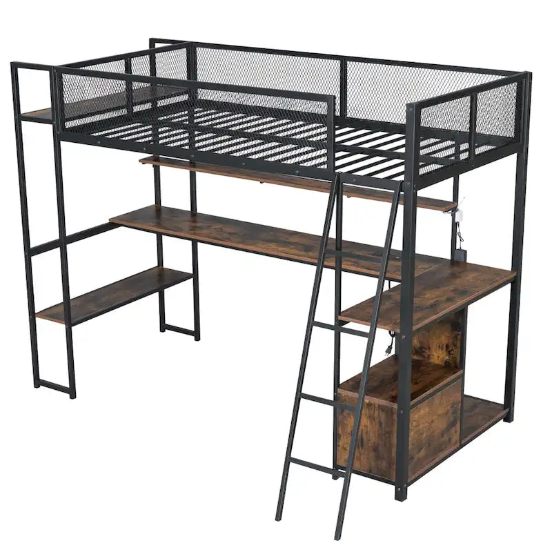 Lit mezzanine double en métal avec poste de travail intégré, LED et rangements multiples
