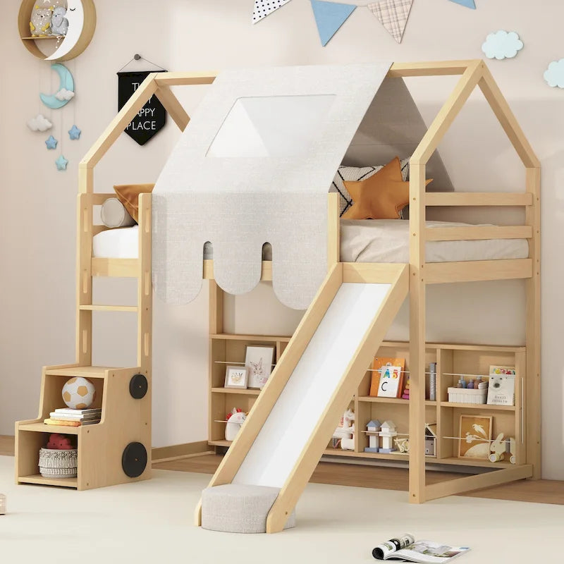 Lit mezzanine jumeau avec tente de jeu, design maison, toboggan et échelle