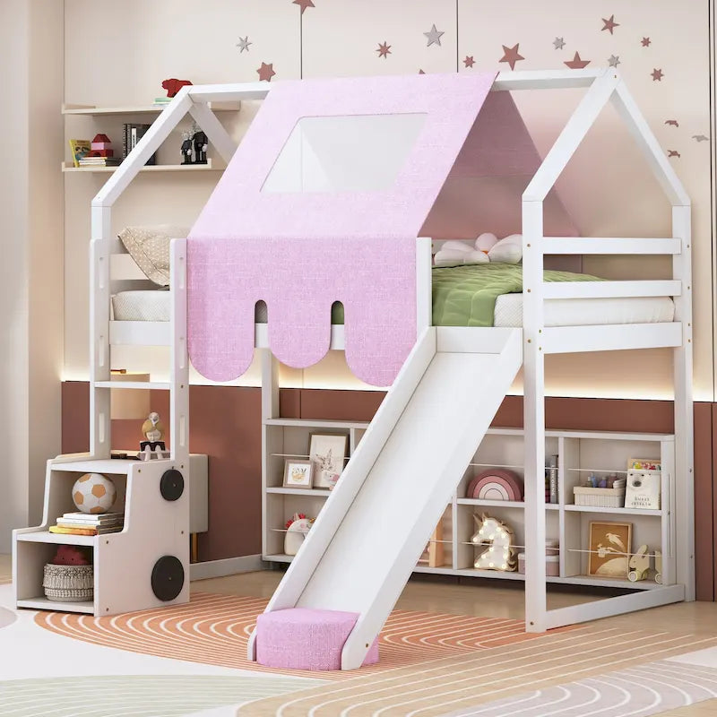 Lit mezzanine jumeau avec tente de jeu, design maison, toboggan et échelle