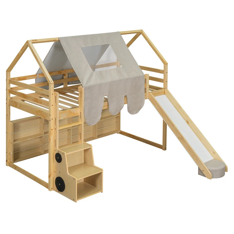 Lit mezzanine jumeau avec tente de jeu, design maison, toboggan et échelle