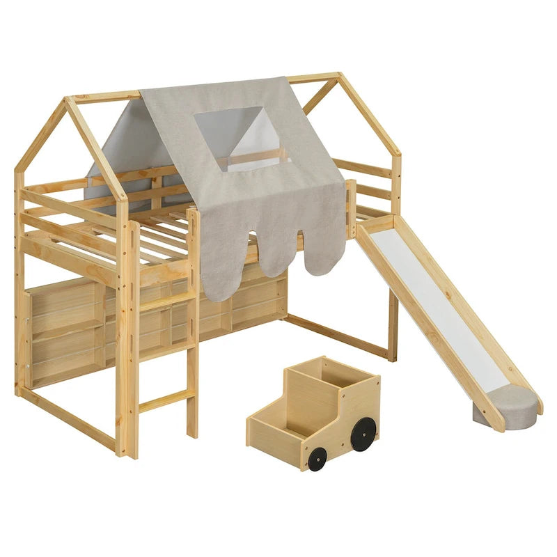 Lit mezzanine jumeau avec tente de jeu, design maison, toboggan et échelle