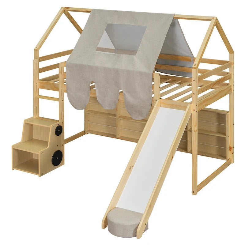 Lit mezzanine jumeau avec tente de jeu, design maison, toboggan et échelle