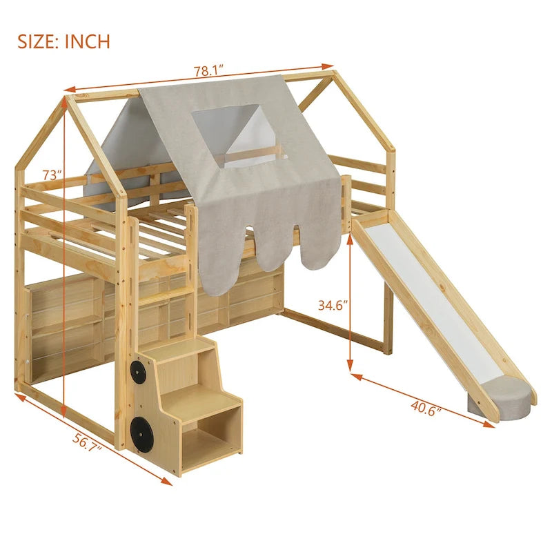 Lit mezzanine jumeau avec tente de jeu, design maison, toboggan et échelle