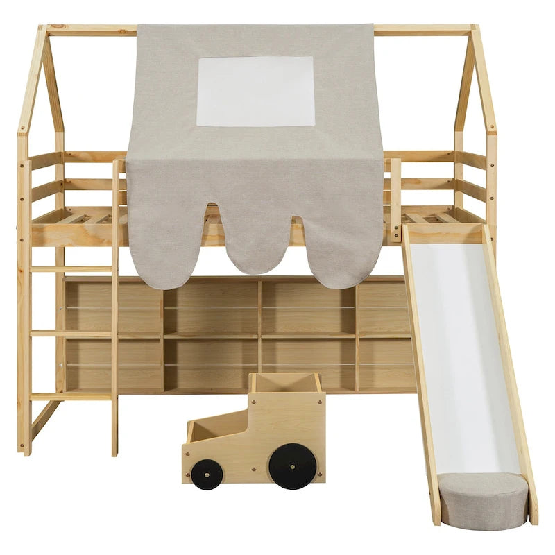 Lit mezzanine jumeau avec tente de jeu, design maison, toboggan et échelle