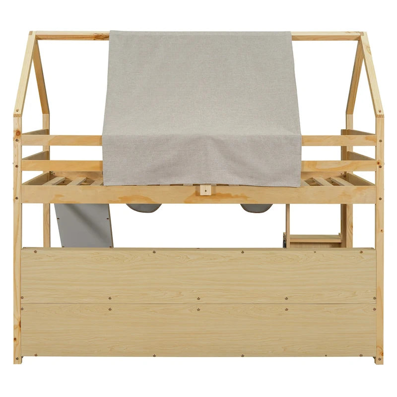 Lit mezzanine jumeau avec tente de jeu, design maison, toboggan et échelle