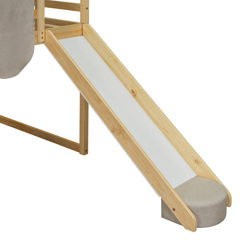 Lit mezzanine jumeau avec tente de jeu, design maison, toboggan et échelle