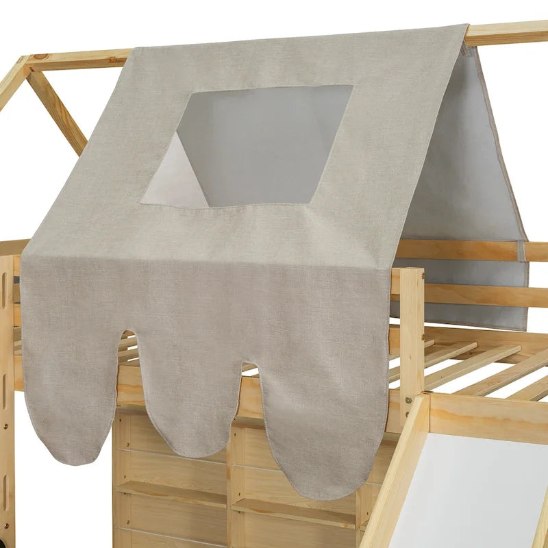 Lit mezzanine jumeau avec tente de jeu, design maison, toboggan et échelle