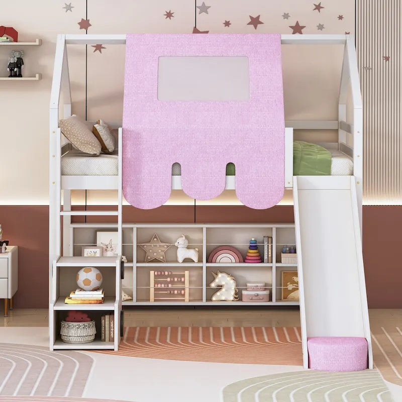 Lit mezzanine jumeau avec tente de jeu, design maison, toboggan et échelle