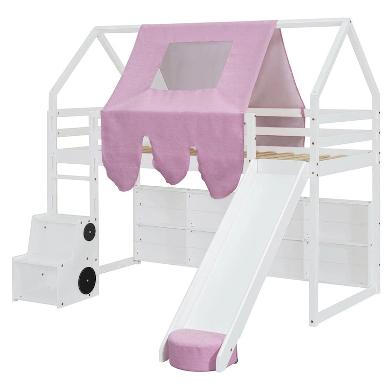 Lit mezzanine jumeau avec tente de jeu, design maison, toboggan et échelle