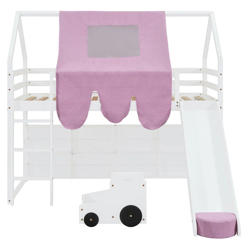 Lit mezzanine jumeau avec tente de jeu, design maison, toboggan et échelle
