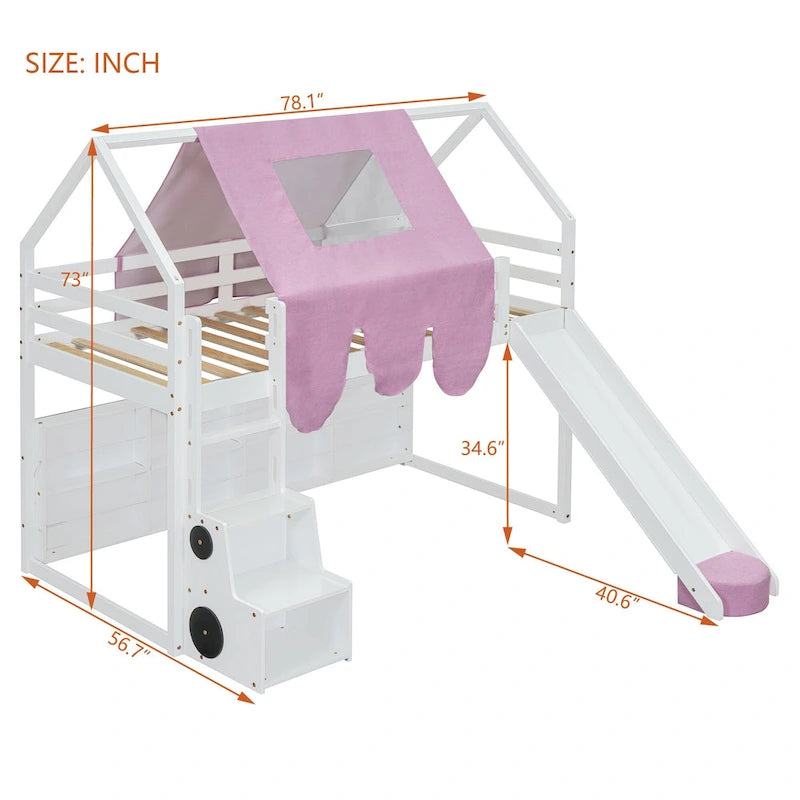 Lit mezzanine jumeau avec tente de jeu, design maison, toboggan et échelle