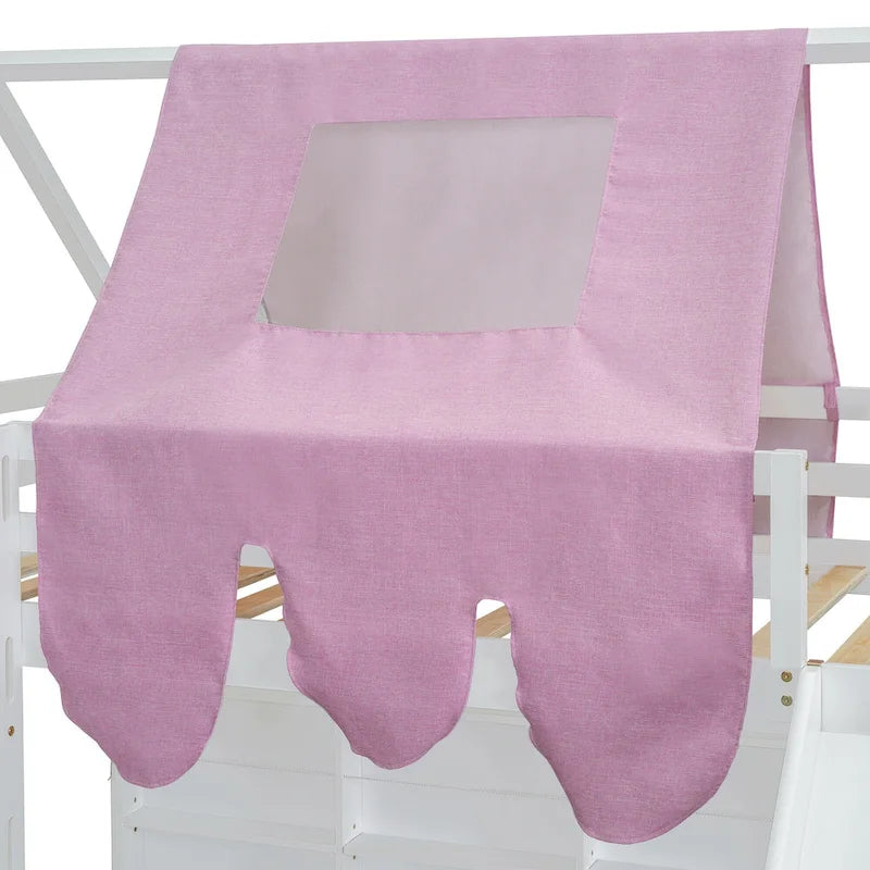 Lit mezzanine jumeau avec tente de jeu, design maison, toboggan et échelle