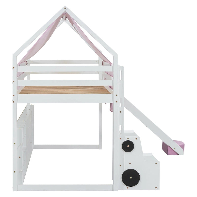 Lit mezzanine jumeau avec tente de jeu, design maison, toboggan et échelle