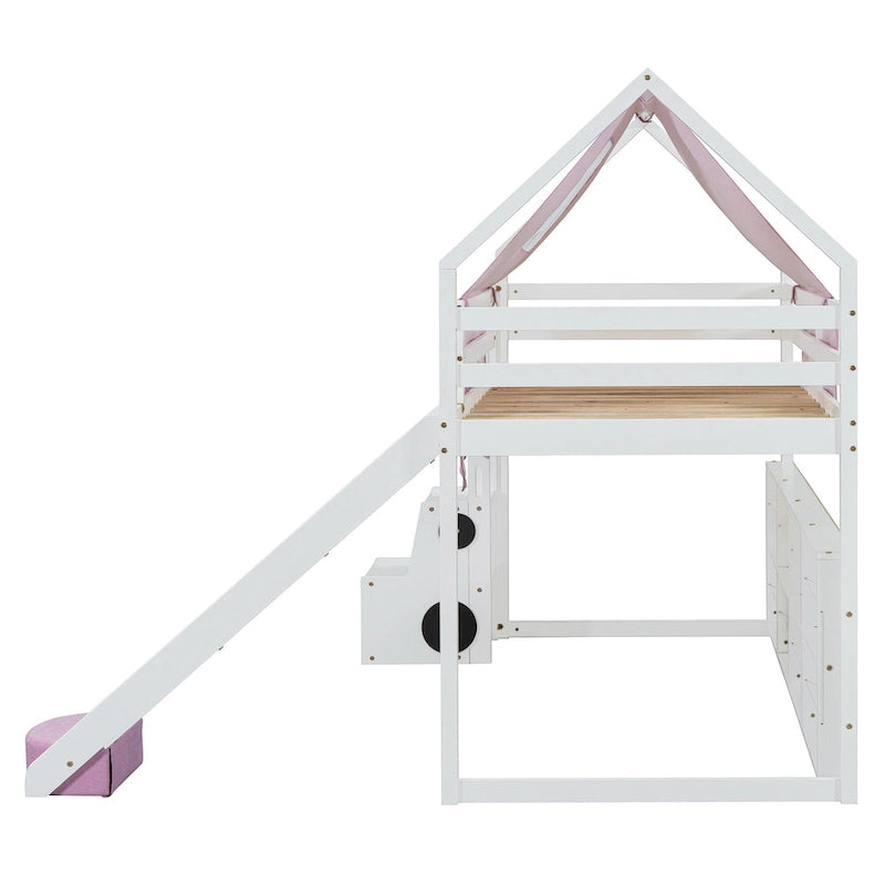 Lit mezzanine jumeau avec tente de jeu, design maison, toboggan et échelle