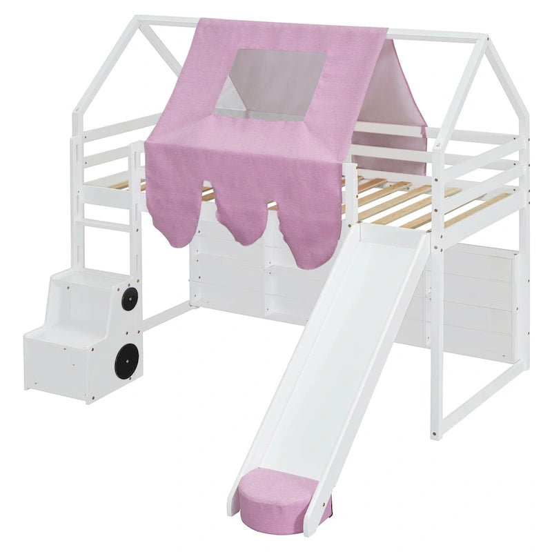 Lit mezzanine jumeau avec tente de jeu, design maison, toboggan et échelle
