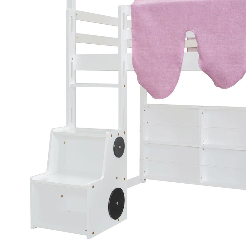 Lit mezzanine jumeau avec tente de jeu, design maison, toboggan et échelle