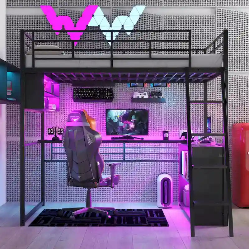 Lit mezzanine en métal avec bureau et rangement à LED