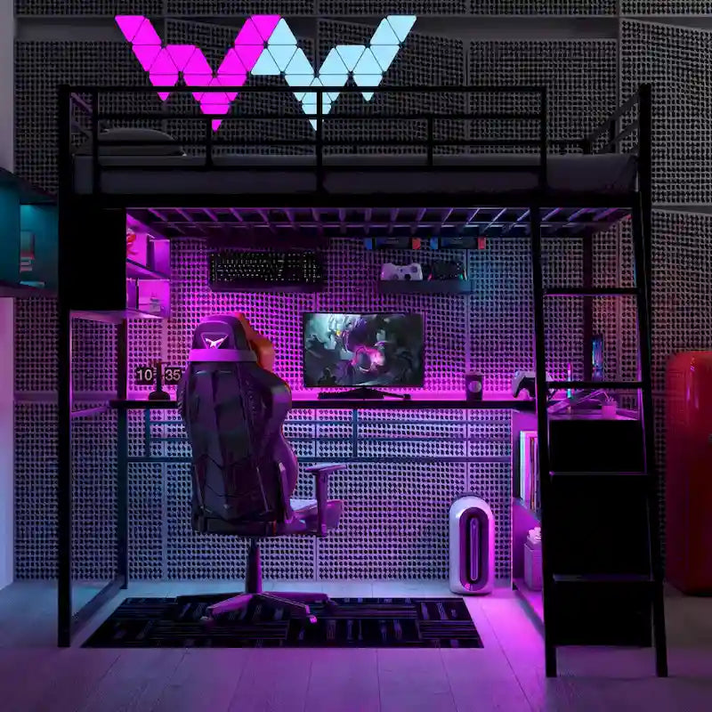 Lit mezzanine en métal avec bureau et rangement à LED
