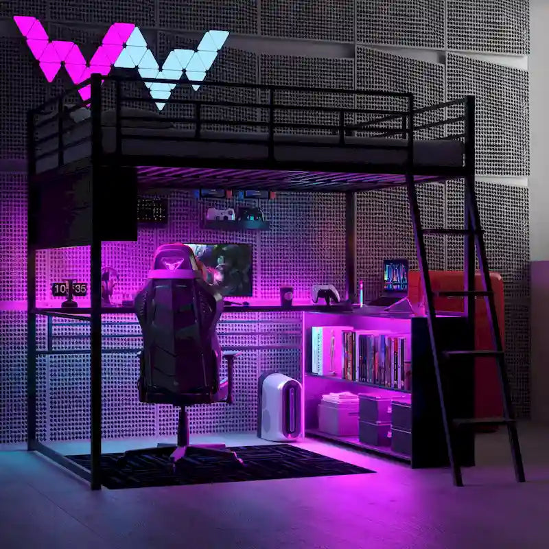 Lit mezzanine en métal avec bureau et rangement à LED