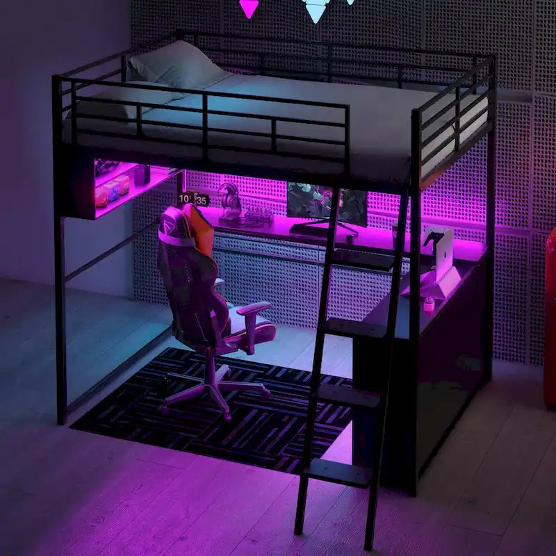 Lit mezzanine en métal avec bureau et rangement à LED