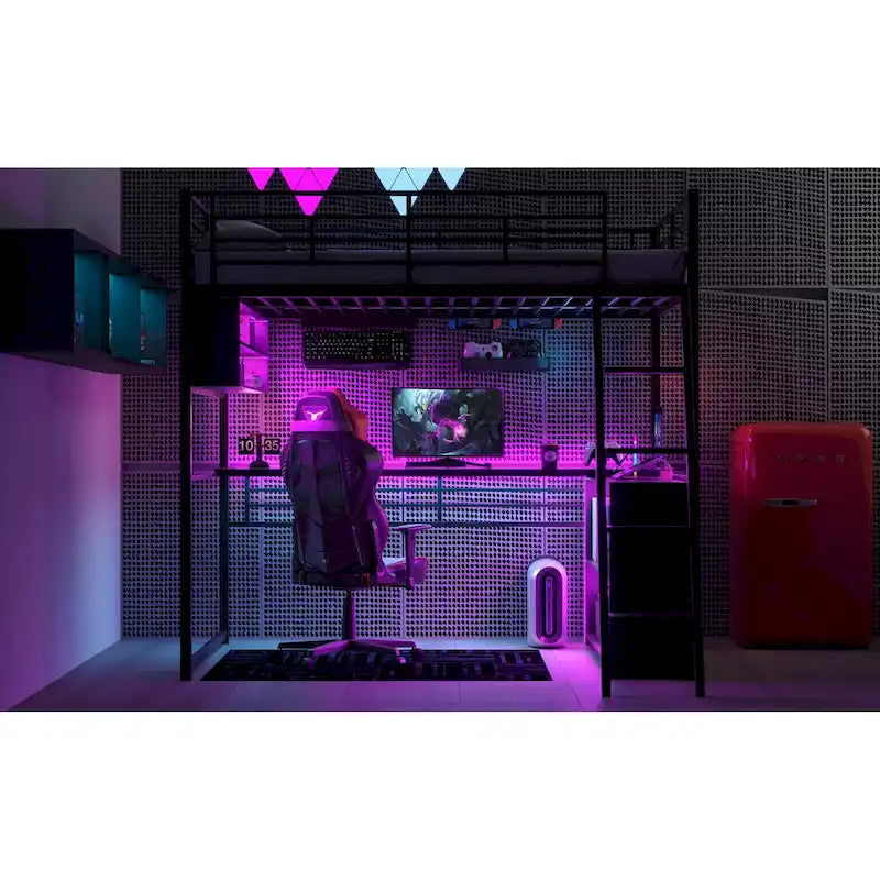 Lit mezzanine en métal avec bureau et rangement à LED