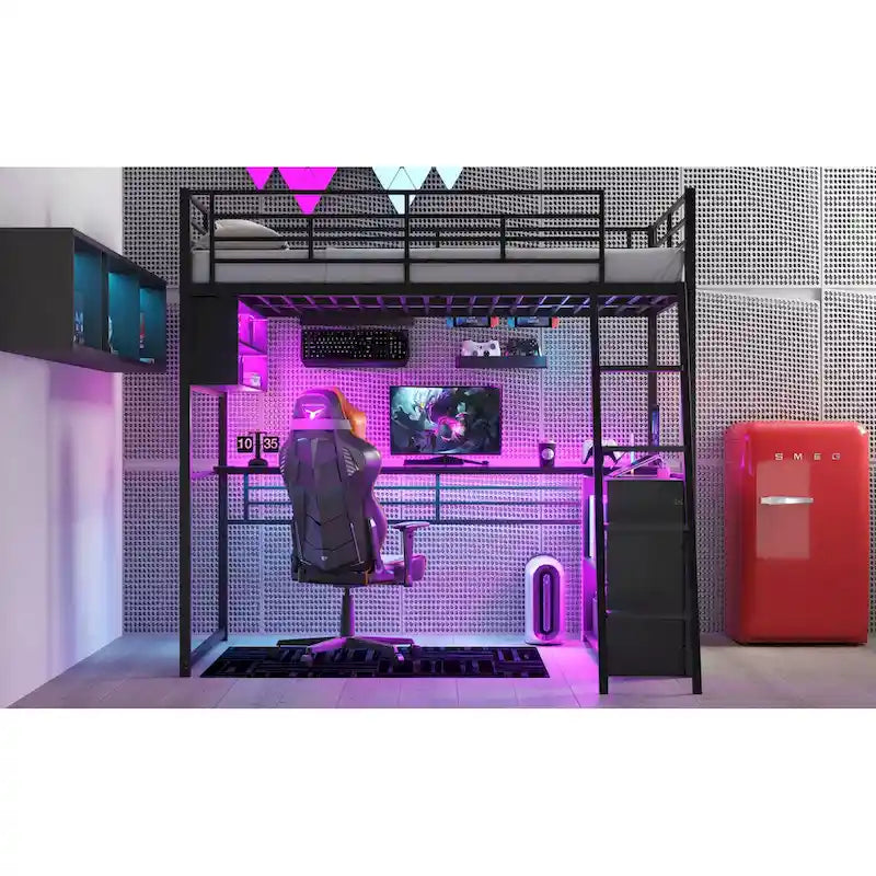 Lit mezzanine en métal avec bureau et rangement à LED
