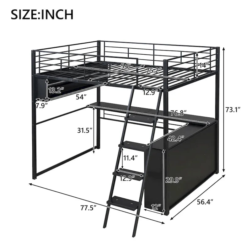 Lit mezzanine en métal avec bureau et rangement à LED