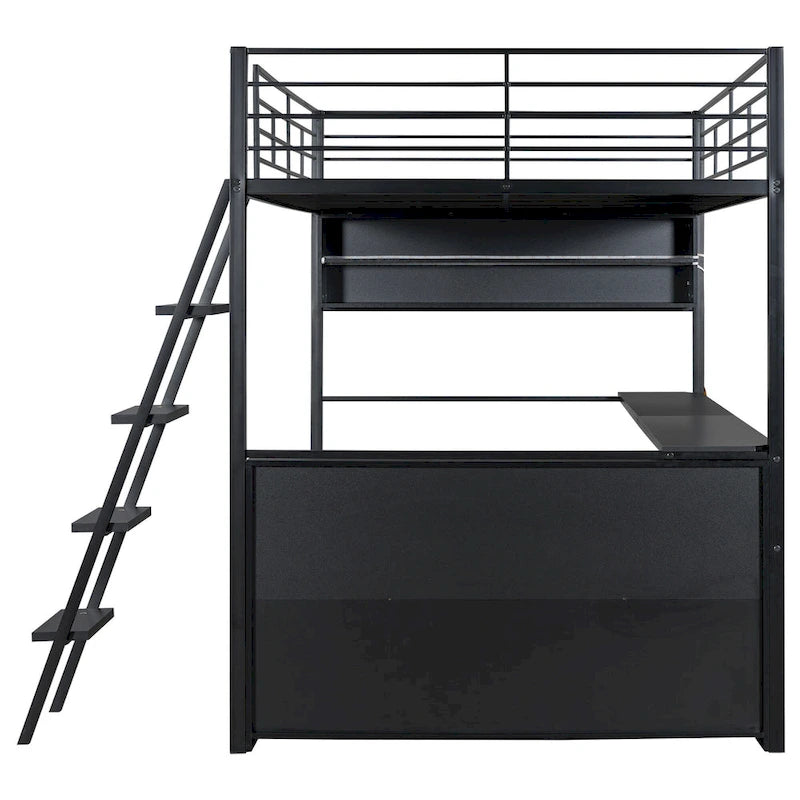 Lit mezzanine en métal avec bureau et rangement à LED