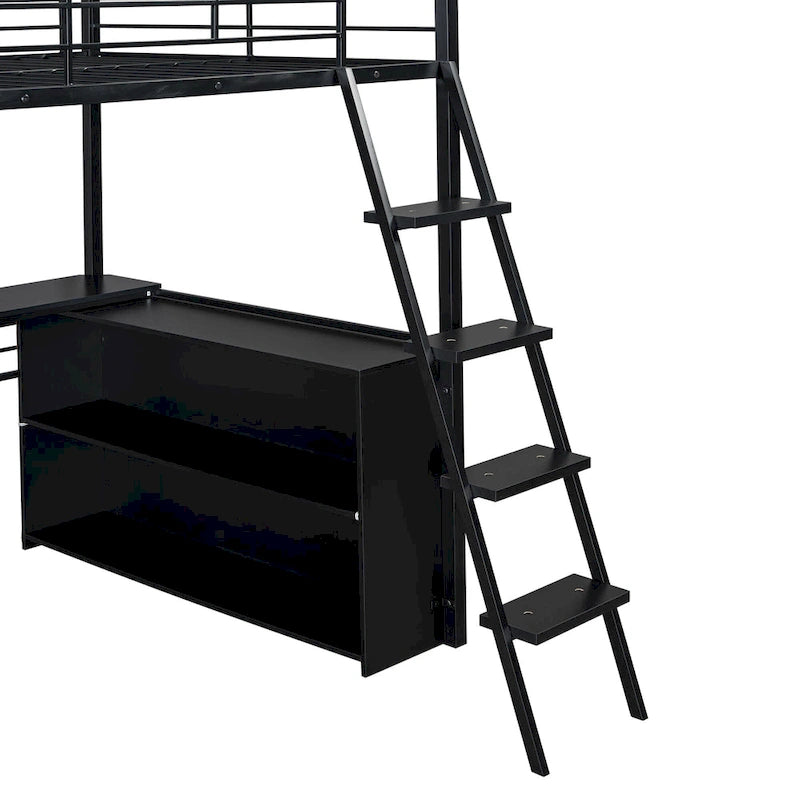Lit mezzanine en métal avec bureau et rangement à LED
