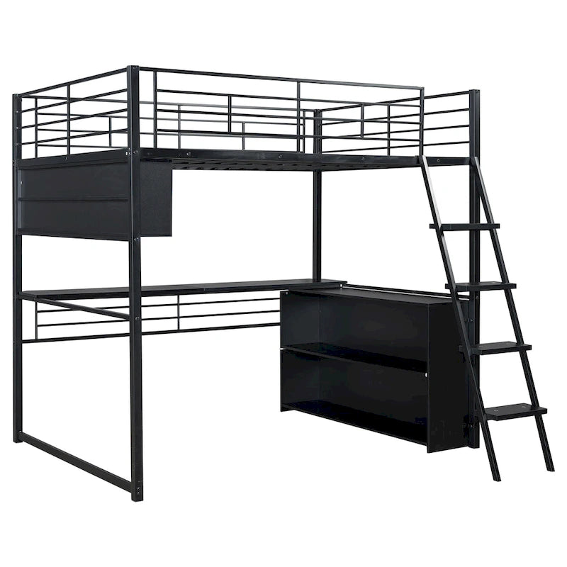 Lit mezzanine en métal avec bureau et rangement à LED