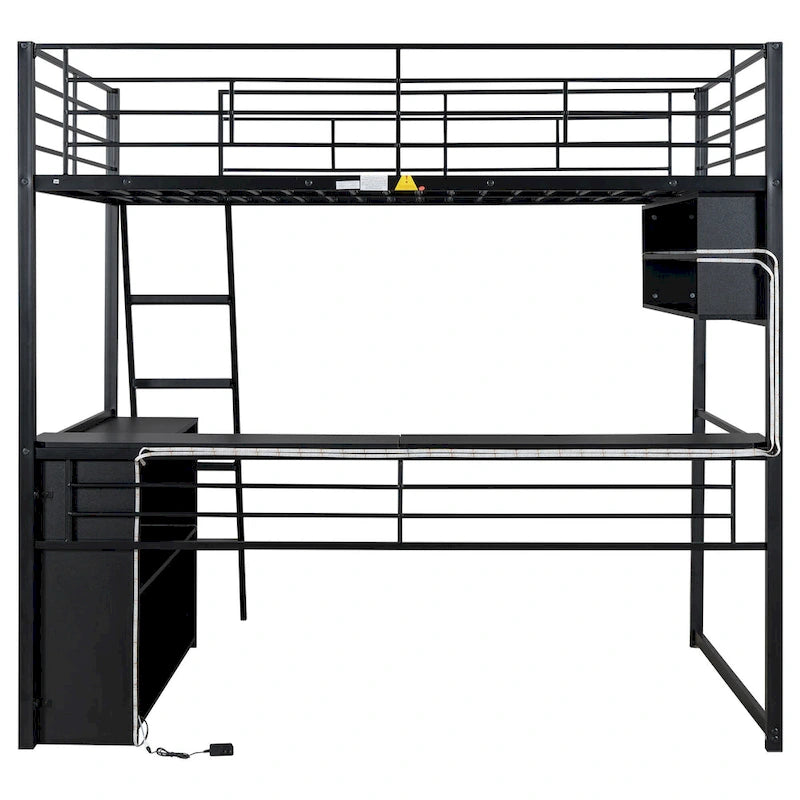 Lit mezzanine en métal avec bureau et rangement à LED