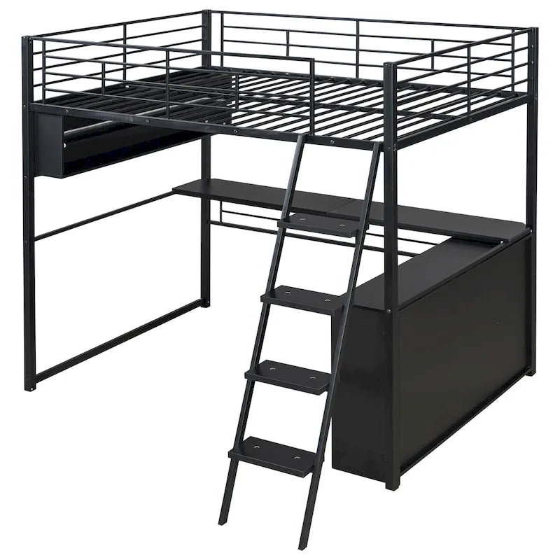 Lit mezzanine en métal avec bureau et rangement à LED