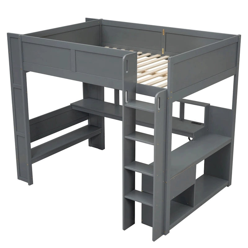 Full Size Loft Bed w/Desk,Multi-storage Shelves,LED,Charging Station