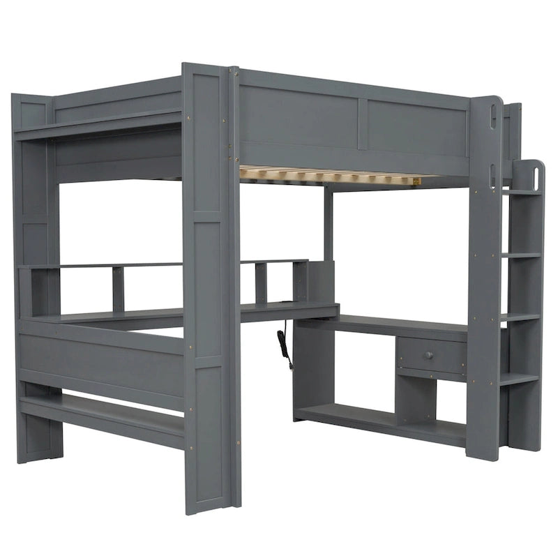 Lit mezzanine double avec bureau, étagères de rangement multiples, LED, station de recharge