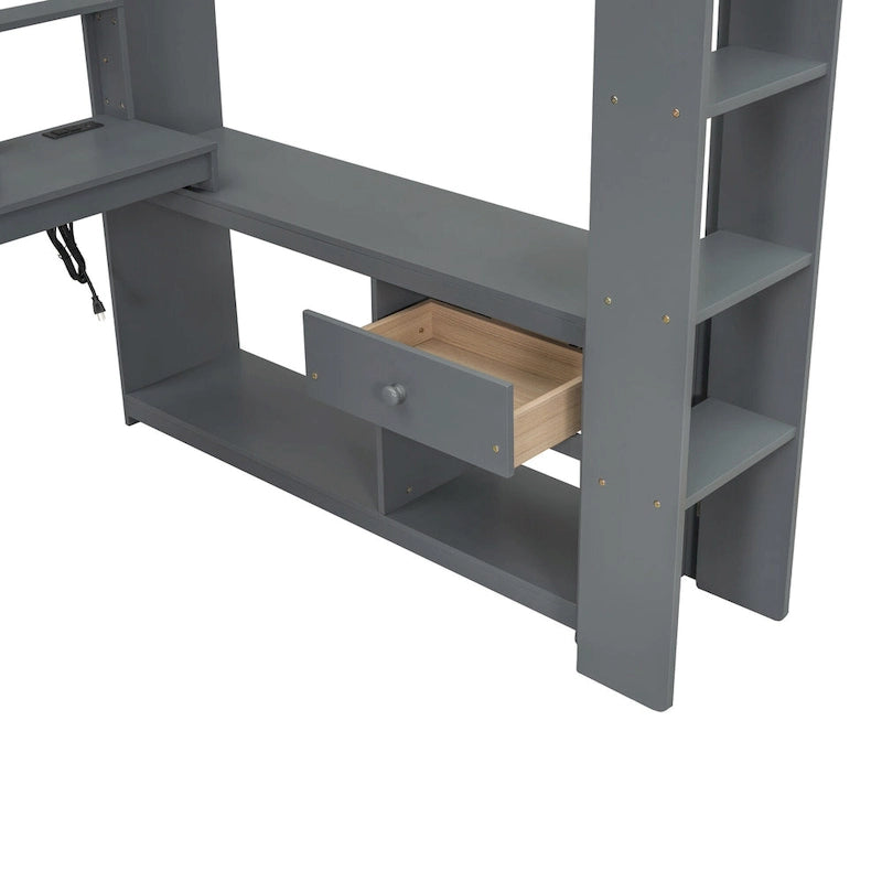 Lit mezzanine double avec bureau, étagères de rangement multiples, LED, station de recharge