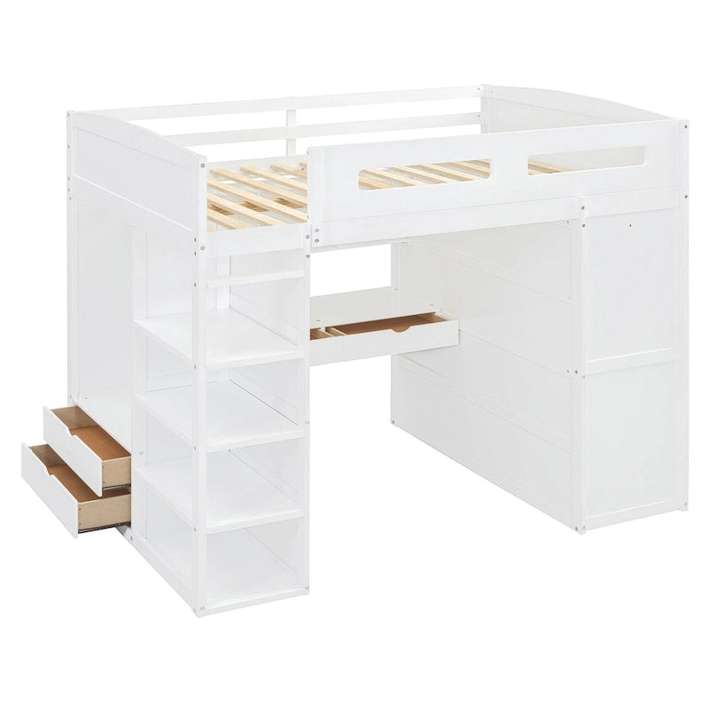 Lit mezzanine double avec bureau, armoires, 4 tiroirs et 4 étagères - Blanc