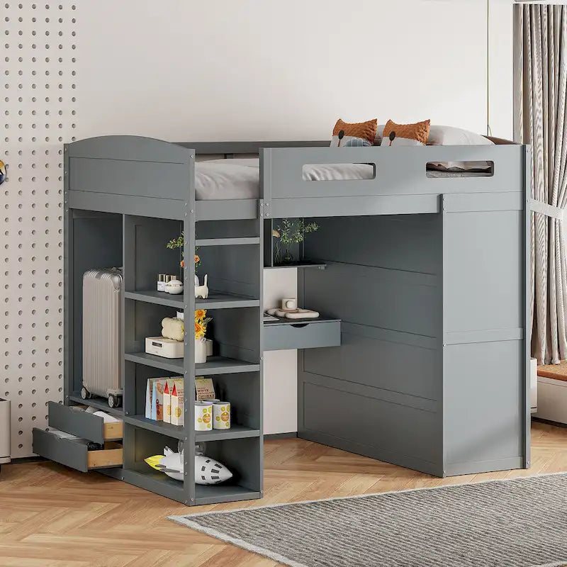 Lit mezzanine double avec bureau, armoires, 4 tiroirs et 4 étagères - Blanc