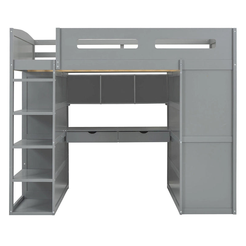 Lit mezzanine double avec bureau, armoires, 4 tiroirs et 4 étagères - Blanc