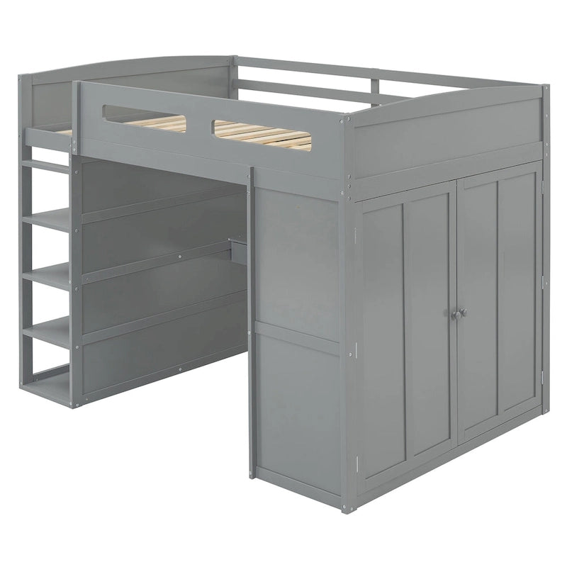 Lit mezzanine double avec bureau, armoires, 4 tiroirs et 4 étagères - Blanc