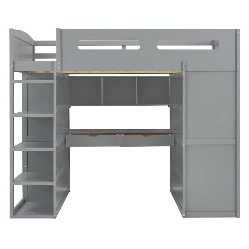 Lit mezzanine double avec bureau, armoires, 4 tiroirs et 4 étagères - Blanc